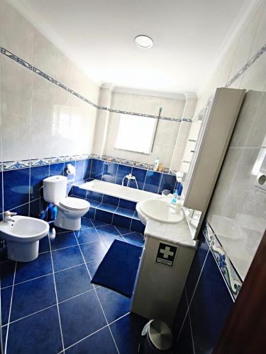 a blue bathroom with two toilets and a bath tub at PESO RIVER HOUSE in Melgaço