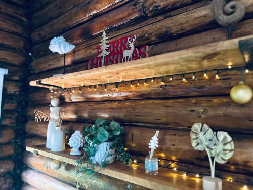 Chalet Seaview by AR Group Hotels في إزولا ديلي فيمين: جدار خشبي مع زينة وأضواء عيد الميلاد