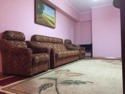 sala de estar con sofá marrón y paredes rosas en Bishkek Apartment Central, en Bishkek