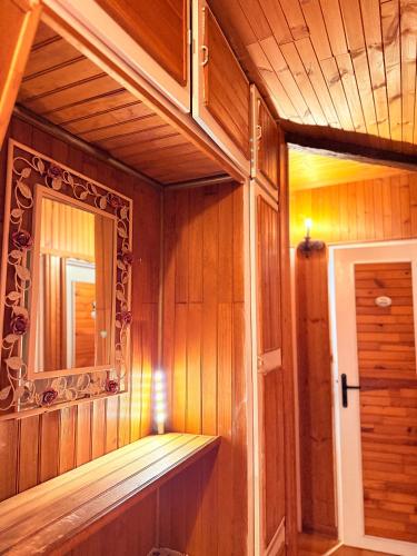 a sauna with a mirror in a wooden room at Positive country in Aulnay-sous-Bois