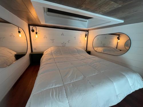 a bedroom with a white bed and a mirror at La Tiny du Rioux in Lagnieu