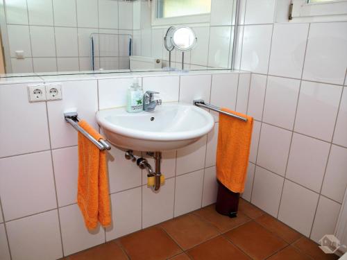 a bathroom with a sink and a mirror and towels at Ferienwohnung Koch Thurgauer Weg in Reichenau
