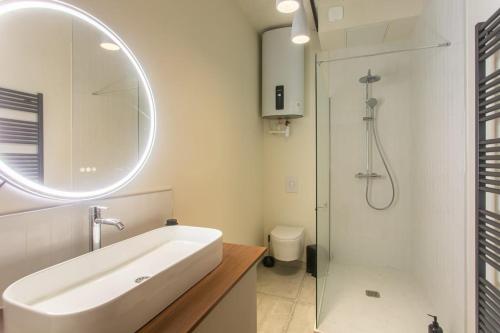Un baño blanco con lavabo y ducha. en Loft Urban Chic - Beffroi d'Amiens, en Amiens