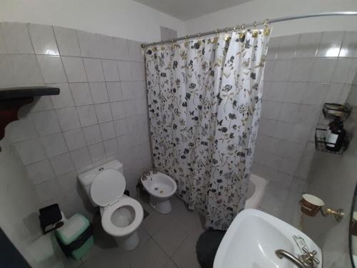 a bathroom with a toilet and a shower curtain at Buenas Ondas in Mar Azul