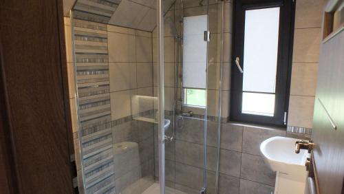 a bathroom with a shower and a sink at Cztery Pory Roku - kominek, sauna, jacuzzi in Zarzecze
