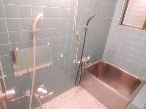 a bathroom with a shower and a sink at ふるさと in Wada