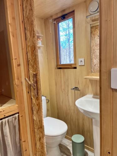 Un baño pequeño con inodoro y lavabo. en Tiny House, en Saint-Laurent-de-Cerdans