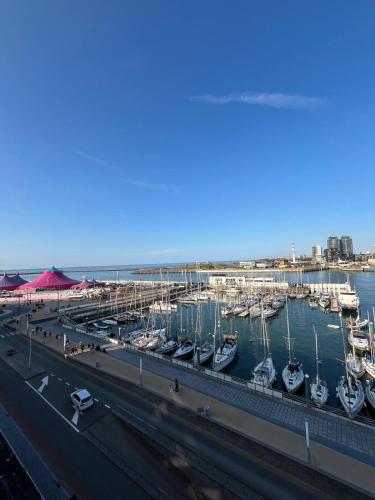 um grupo de barcos atracados em uma marina em Luxurious apartment with feet in the sea & city em Ostend