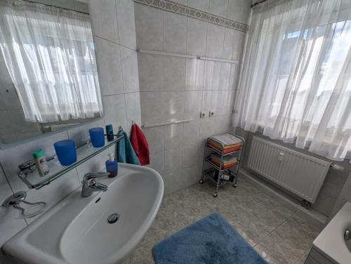 a bathroom with a sink and a mirror at Ferienwohnung mit Garten in der Nähe Landshut in Geisenhausen