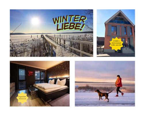 eine Bildercollage mit einer Frau, die mit einem Hund spazieren geht in der Unterkunft Stietz-Villa in Plau am See