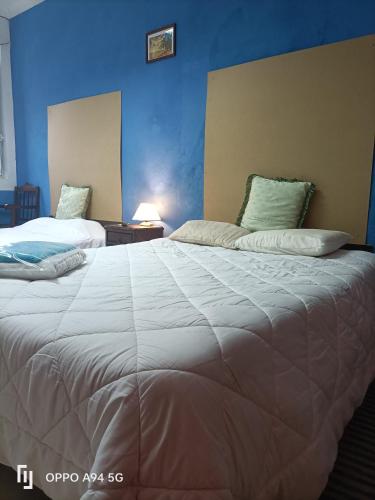 a bedroom with two beds and a blue wall at ViSIT CASTELO BRANCO in Castelo Branco