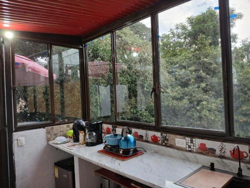 a kitchen with windows and a counter with a sink at Habitación en barrio de Jalatlaco in Oaxaca City