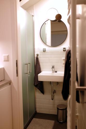 a bathroom with a sink and a mirror at Blaue Gans in Oderberg