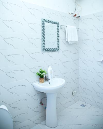 多多马JMG Homes的一间白色浴室，配有洗手池和镜子。