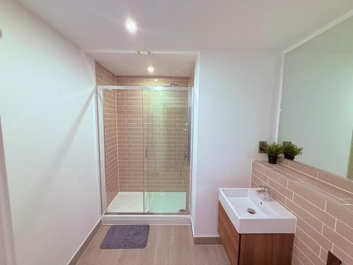 a bathroom with a shower and a sink at Best Area Stylish1Bed, Games, Relax, Parking in Birmingham