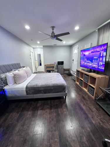 a bedroom with a large bed and a flat screen tv at ZenOasis pvt BedBath Studio by NUMC in East Meadow