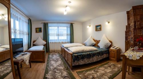 a bedroom with a bed and a tv and a window at Pensiunea Agroturistica Stefan Viorica in Moldoviţa