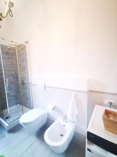 Rossi apartment في Mentana: حمام مع مرحاض ومغسلة ودش