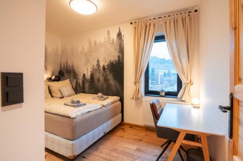 een slaapkamer met een bed, een bureau en een raam bij Brunova Vila in Plavy