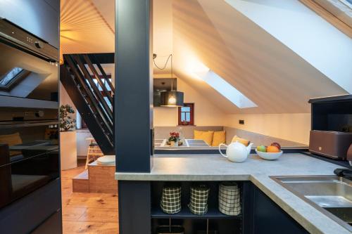 een keuken en een woonkamer in een loft bij Brunova Vila in Plavy