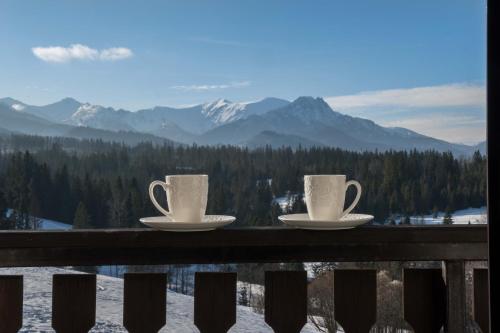 Twee kopjes koffie op een balkon met uitzicht op de bergen. bij Apartamenty i Pokoje Gościnne U Trebuni in Murzasichle