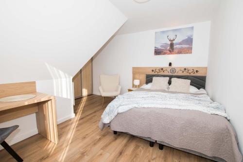 een slaapkamer met een bed, een bureau en een stoel bij Apartamenty i Pokoje Gościnne U Trebuni in Murzasichle