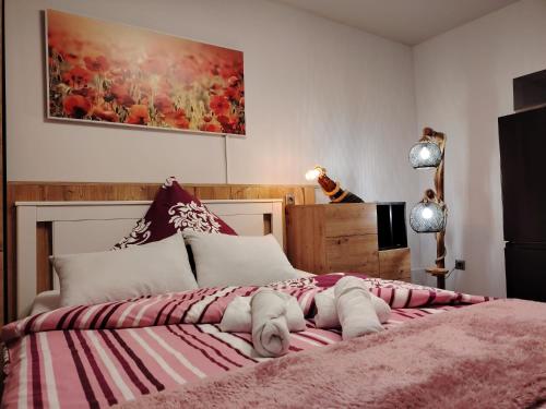 Ferienwohnung Apartment Fewo Alojamiento Casa Demy في بابينهاوزن: غرفة نوم بسرير كبير مع بطانية وردية