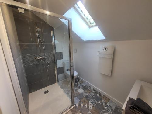 bagno con doccia e servizi igienici con lucernario. di Chalet Claree a Val des Pres a Le Rosier