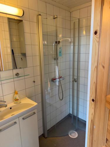 a bathroom with a shower with a glass door at Skåbu Camping in Skåbu