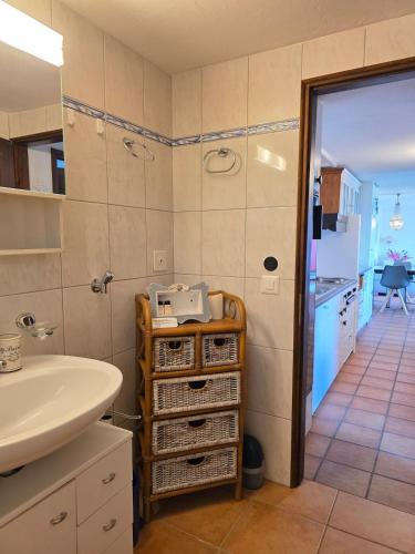 a bathroom with a sink and a white sink at Casa Leyian - Free parking in Brissago