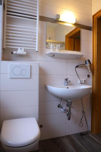 Familie Lampersberger في Sachsenburg: حمام مع حوض غسيل أبيض ومرحاض