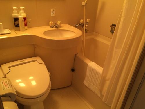 a small bathroom with a toilet and a sink at Hotel Crown Hills Takaoka in Takaoka