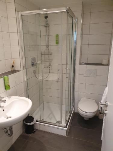 a bathroom with a shower and a toilet and a sink at Gasthaus Adler in Calw