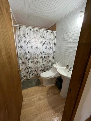 a bathroom with a toilet and a sink at CABAÑAS BRISAS VOLCANICAS in Cunco