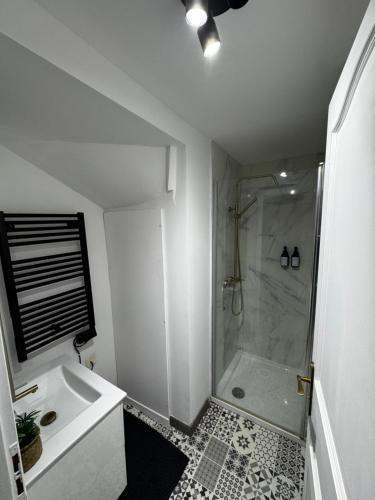 ブールジュにあるCharmant Appartement au Coeur de Bourges 25のシャワーと洗面台を備えた白いバスルーム