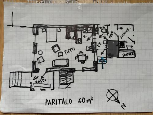 Půdorys ubytování Lapinkangas Yksiö 60m2 paritalossa, oma piha ja sauna