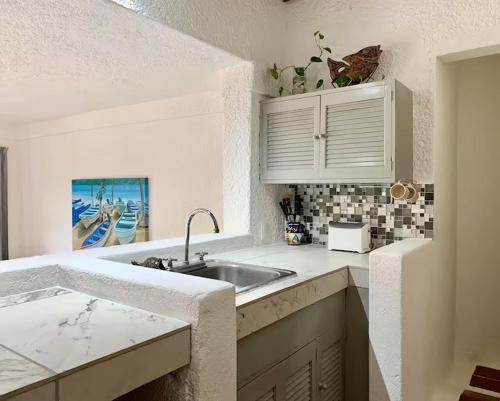 a kitchen with a sink and a counter top at Villas Mimosa at La Ropa Beach in Zihuatanejo