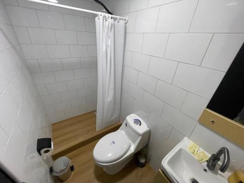 a bathroom with a toilet and a sink and a shower at Habitación doble en el centro con baño privado in Curicó