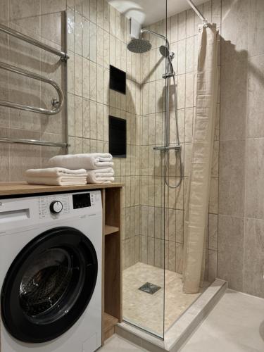 a washing machine in a bathroom with a shower at Lake View Apartment in Telšiai