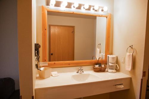 a bathroom with a sink and a large mirror at Deer Valley Lodge in Barneveld
