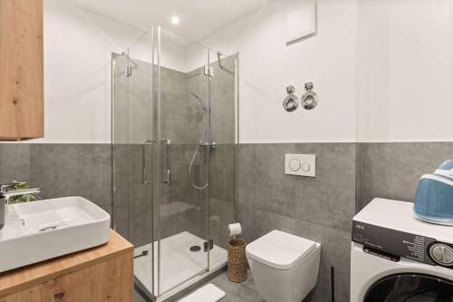 a bathroom with a shower and a toilet and a sink at Deluxe Apartment Dingolfing - Design & Space in Dingolfing