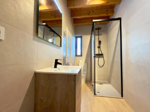 ein Badezimmer mit Waschbecken und Dusche in der Unterkunft CAL QuEROL UR casa amb xemeneia i billar in Ur