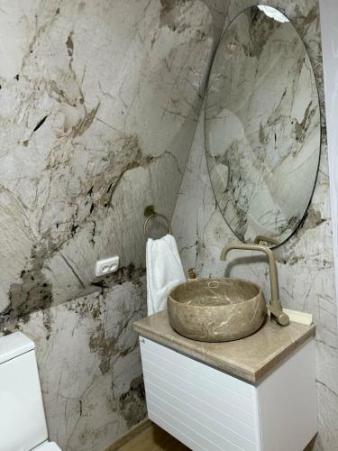 a bathroom with a stone sink and a mirror at Altimo კოტეჯი ალტიმო in Norio