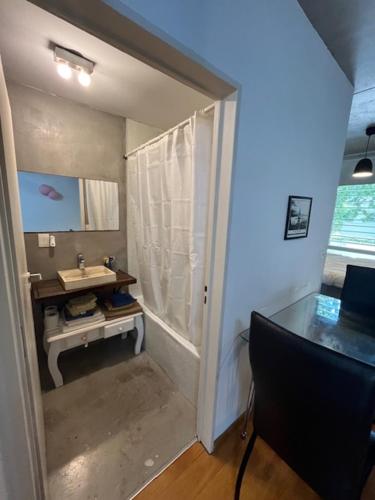 een badkamer met wastafel en douche met spiegel bij Vilella Live in Buenos Aires