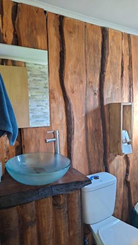 a bathroom with a sink and a toilet at Paraíso Rustico 1 in Curacautín