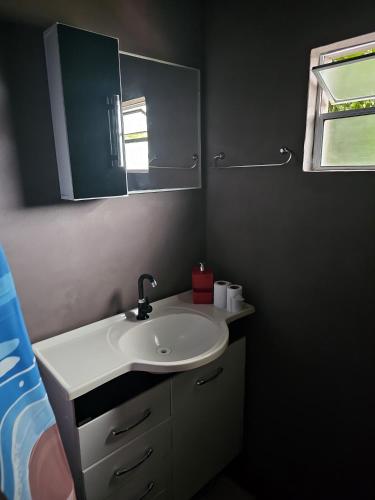 a bathroom with a sink and a mirror at Recanto do Descanso in São Gabriel