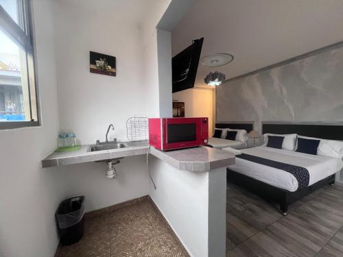 a hotel room with a bed and a sink at Hotel Gandag in Orizaba