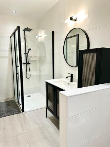 a white bathroom with a sink and a mirror at Grand Studio WiFi rapide RER B in Sevran
