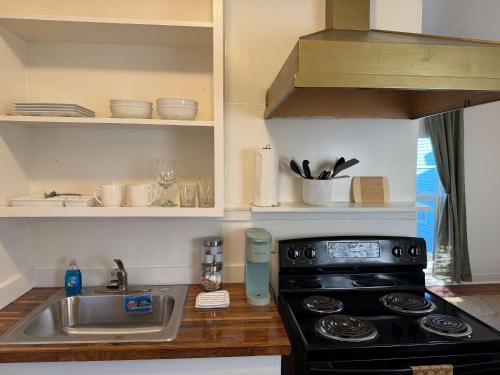 a small kitchen with a stove and a sink at Cozy Modern Studio - Heart of Lafayette in Lafayette