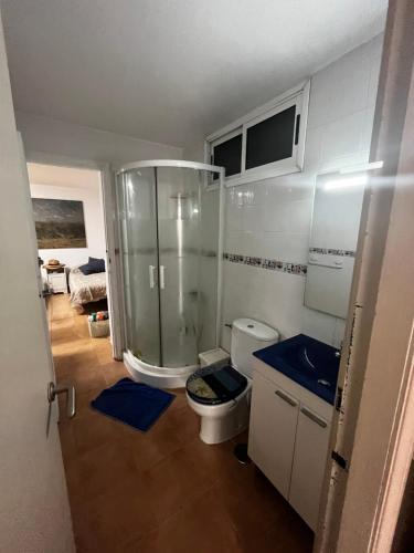 a bathroom with a shower and a toilet and a sink at Oasis de paz junto al mar in Maspalomas